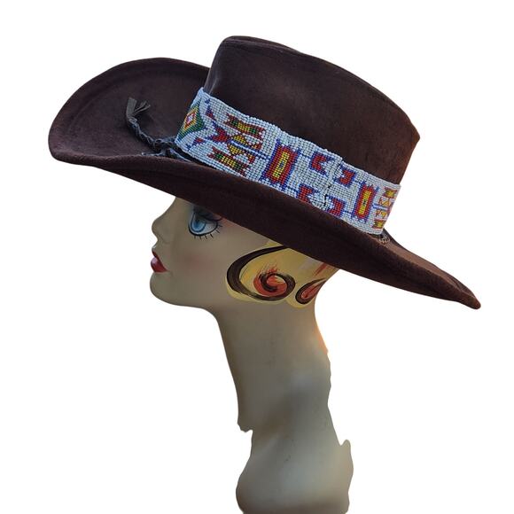 Vtg Brown Velour Cowboy Hat Southwestern Beaded Band Festival Western Boho